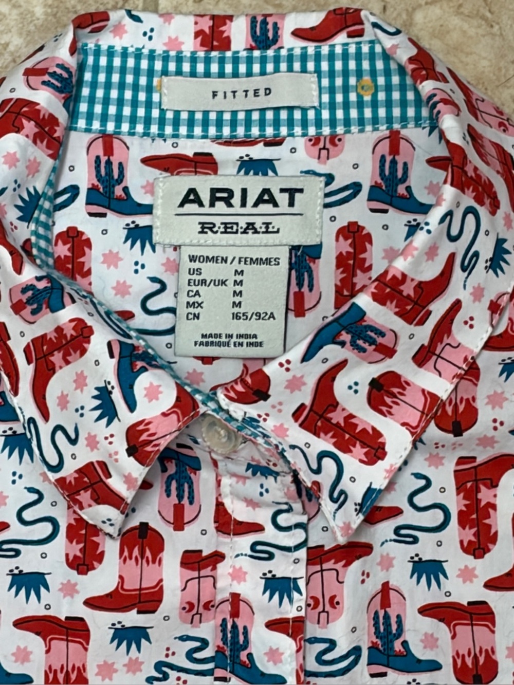 NWOT ARIAT FITTED WESTERN SHIRT TURQUOISE GINGHAM INSIDE - STRETCHY/SEXY! MEDIUM